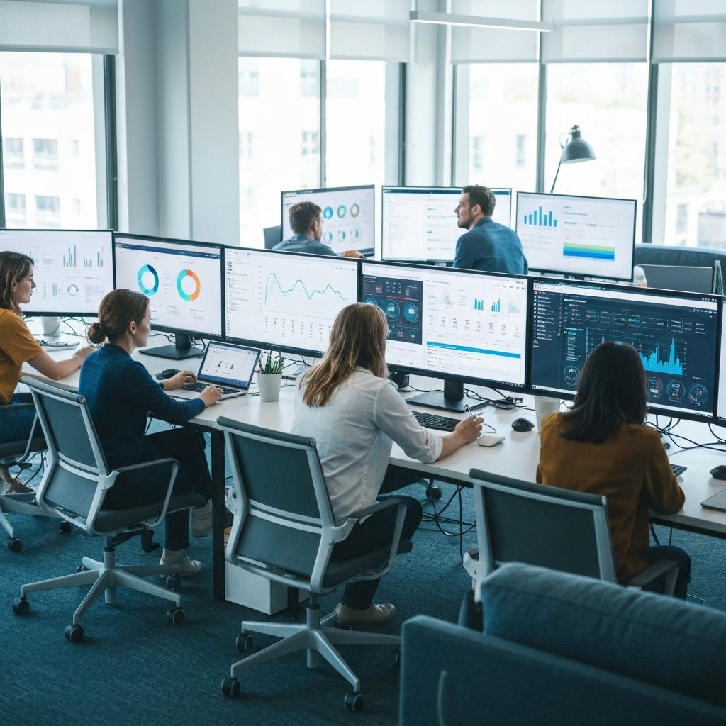 Oficina moderna con dashboards de datos